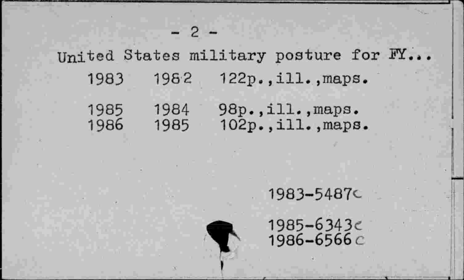 ﻿2
United States military posture for FY.
1983	1982	122p.,ill.,maps.
1985	1984	98p.,ill.,maps.
1986	1985	102p.,ill.,maps.
1983-5487C
1985-	6343C
1986-	6566C
»